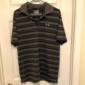 Under Armour Polo Mens Medium Gray & Black Striped Loose Heatgear Golf Shirt